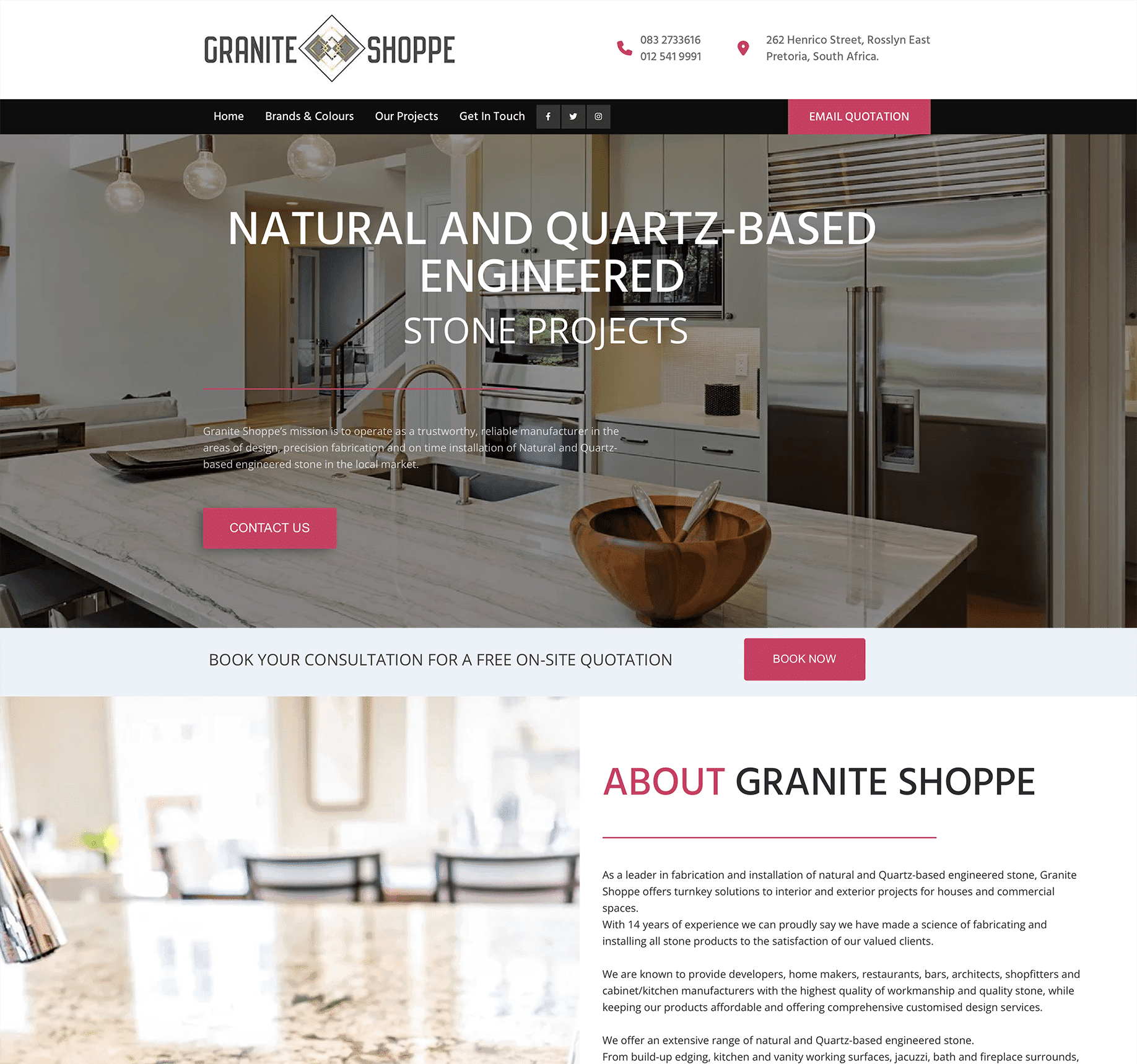 Website Home Page for Granite Shoppe, a Watts Digital customer
