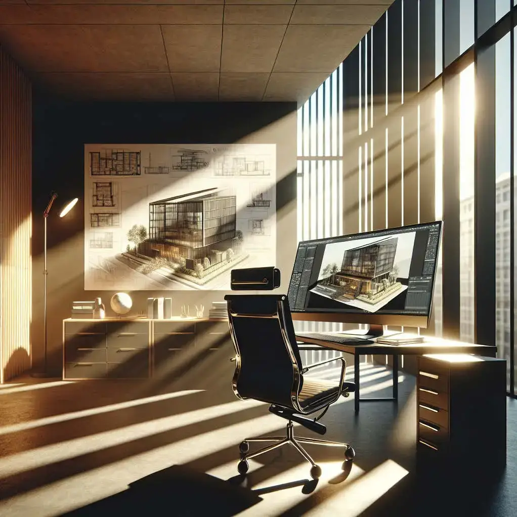 Sophisticated office with sunlight highlighting a monitor showcasing architectural 3D rendering and related project images.