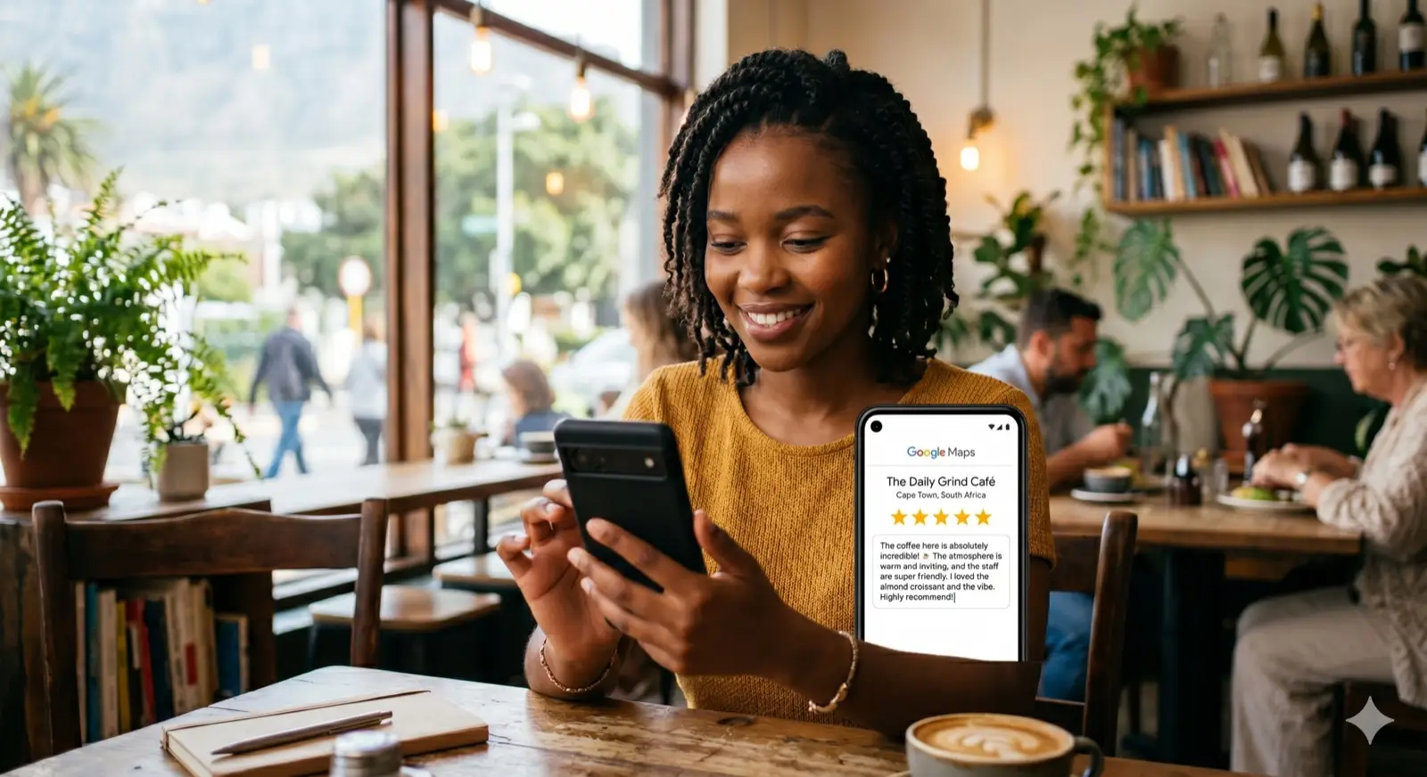 local seo reviews south africa — South African café customer leaving a five-star Google review on their phone
