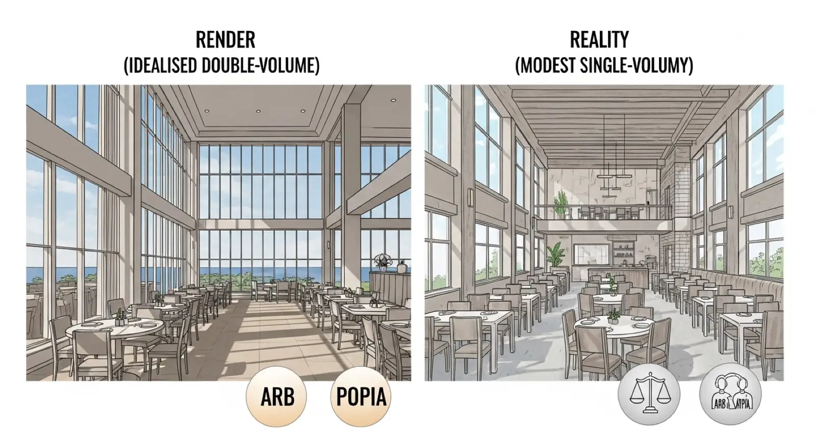 Side by side comparison of restaurant render and actual venue showing advertising compliance risk