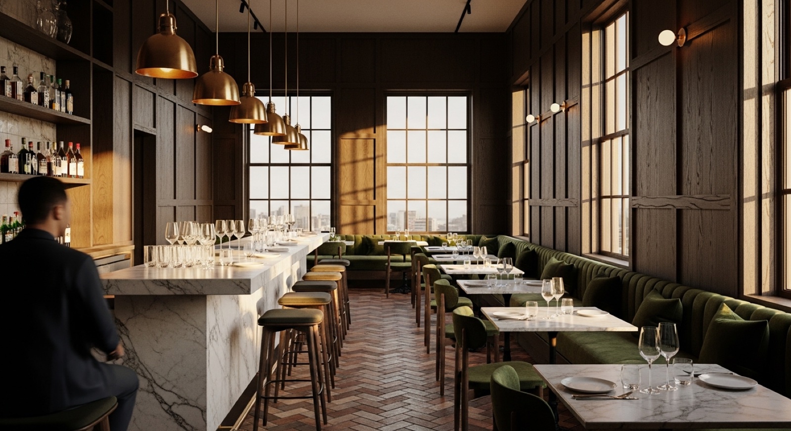 Restaurant rendering services South Africa photoreal interior of a Cape Town bistro at golden hour