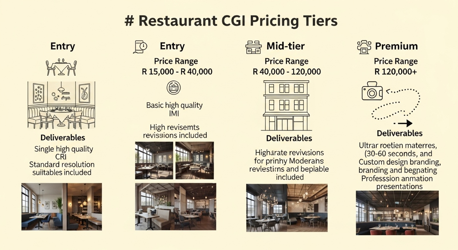 Pricing tiers infographic for restaurant rendering studio services in South Africa