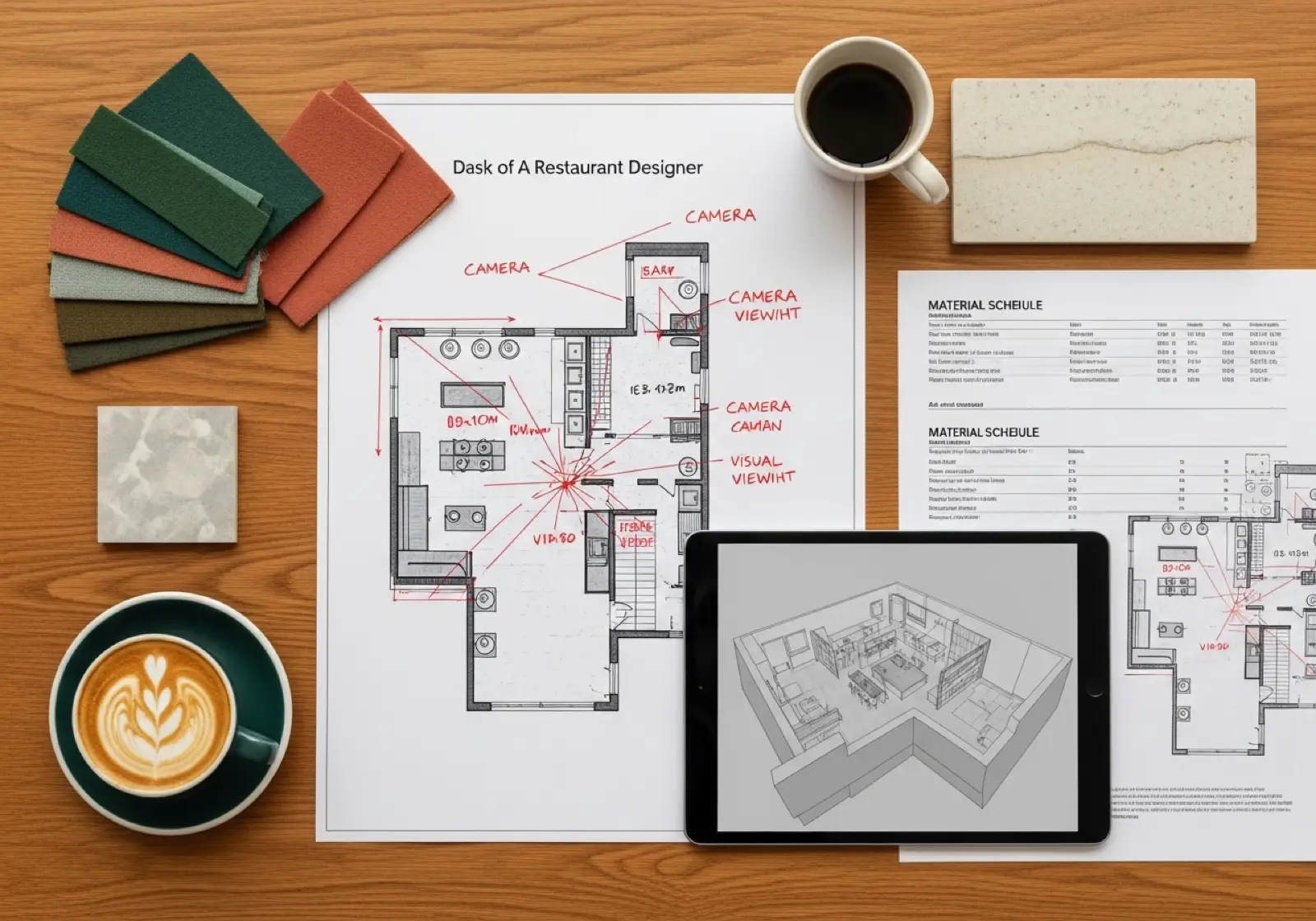 Restaurant CGI brief document on a designer's desk with floor plan and material samples