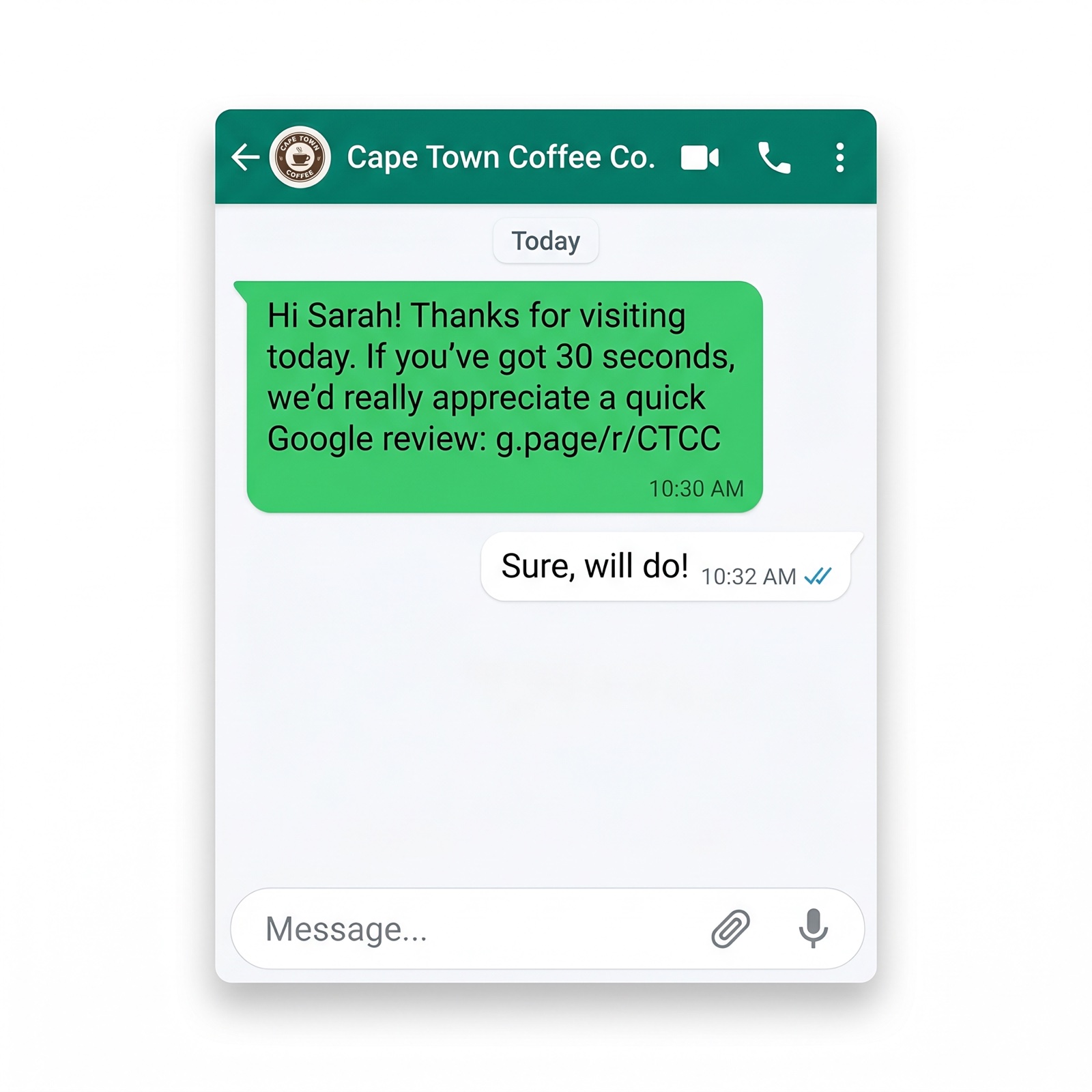 WhatsApp review request template used by South African SMBs to drive Google review velocity