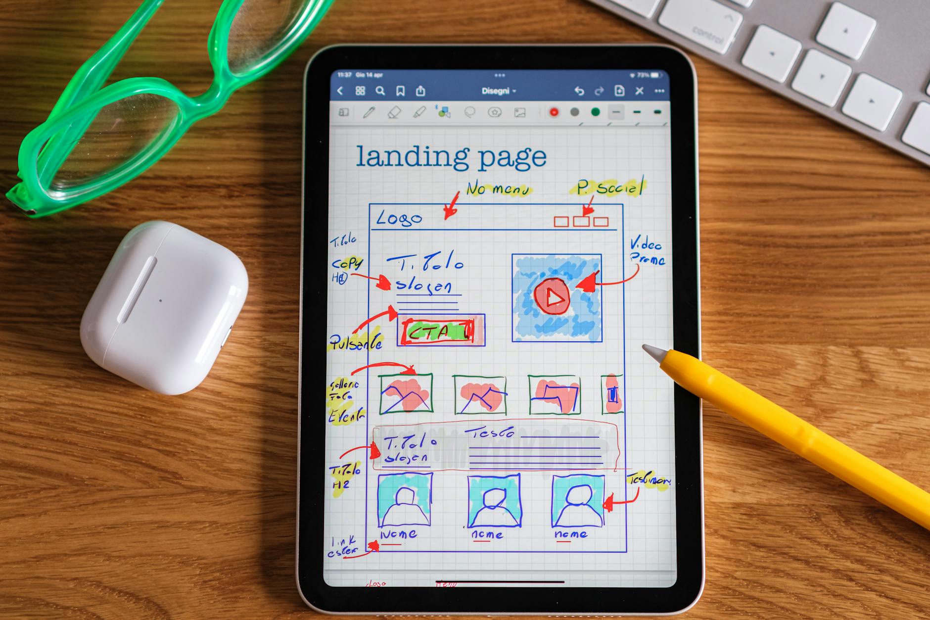 Hand-drawn landing page wireframe on tablet — what to look for in a web design Johannesburg portfolio