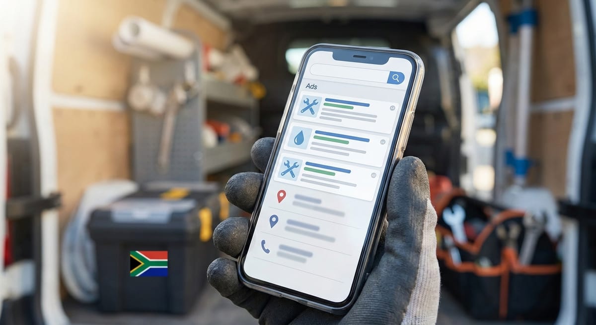 Google Ads for plumbers South Africa shown on a phone during an emergency call-out