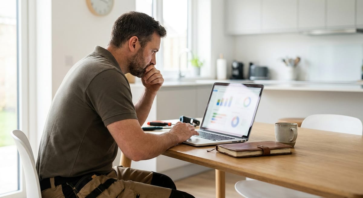 Plumber reviewing campaign performance and cost-per-lead on a laptop