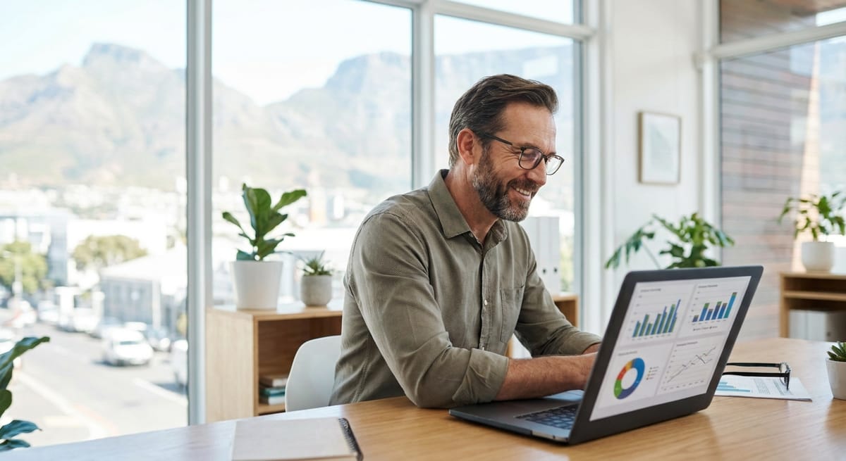 Small business owner reviewing Google Ads conversion metrics on a laptop in a South African office