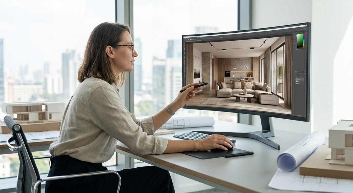 3d rendering cost south africa illustrated by an architect reviewing a photoreal interior visual on screen