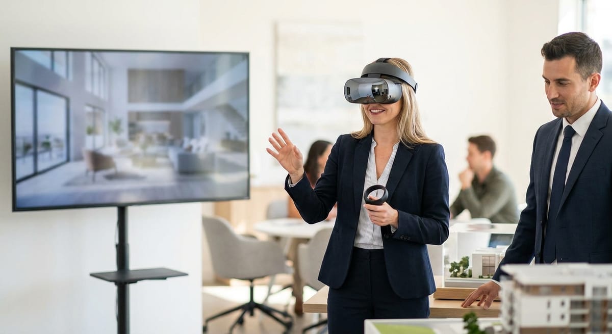 A buyer using a virtual reality walkthrough during an off plan property sales presentation