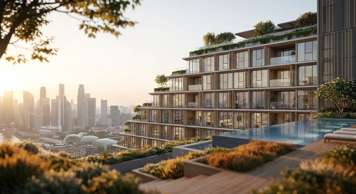 Off plan property marketing render of a modern apartment development against a city skyline