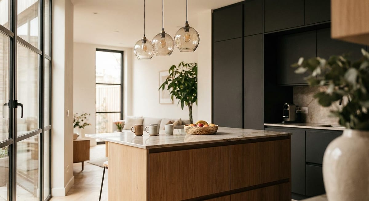 Photorealistic interior render of a modern kitchen with warm lighting