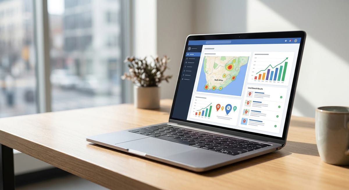 Search engine optimization South Africa strategy shown on a laptop with local ranking data