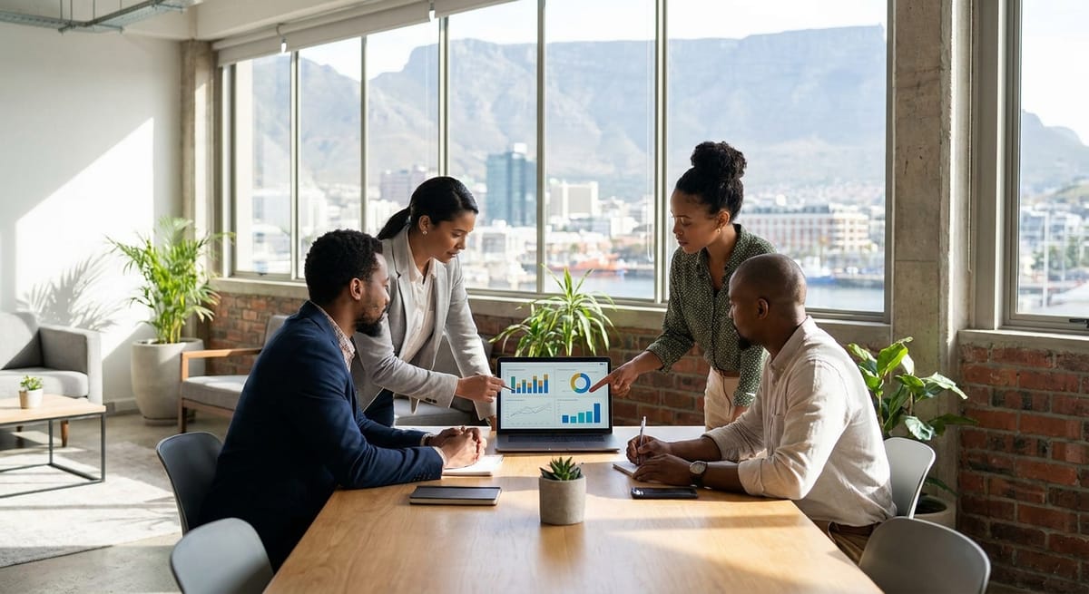 SEO agency South Africa team reviewing search rankings on a laptop in a Cape Town office