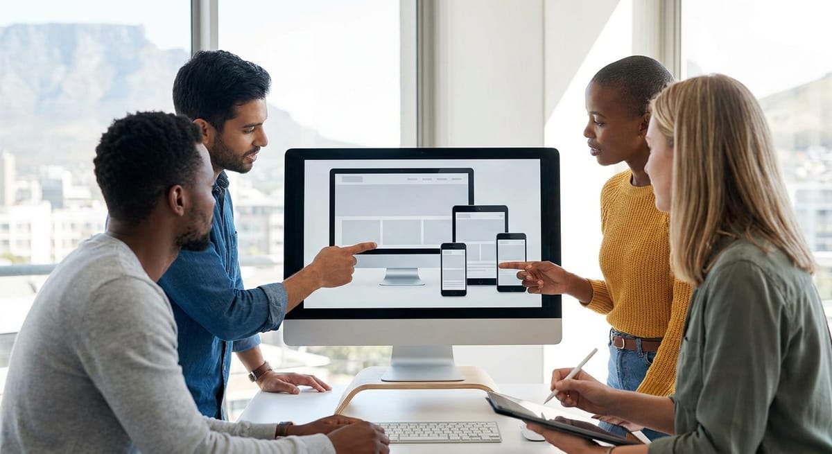 Website designers Cape Town team reviewing a responsive site layout on screen